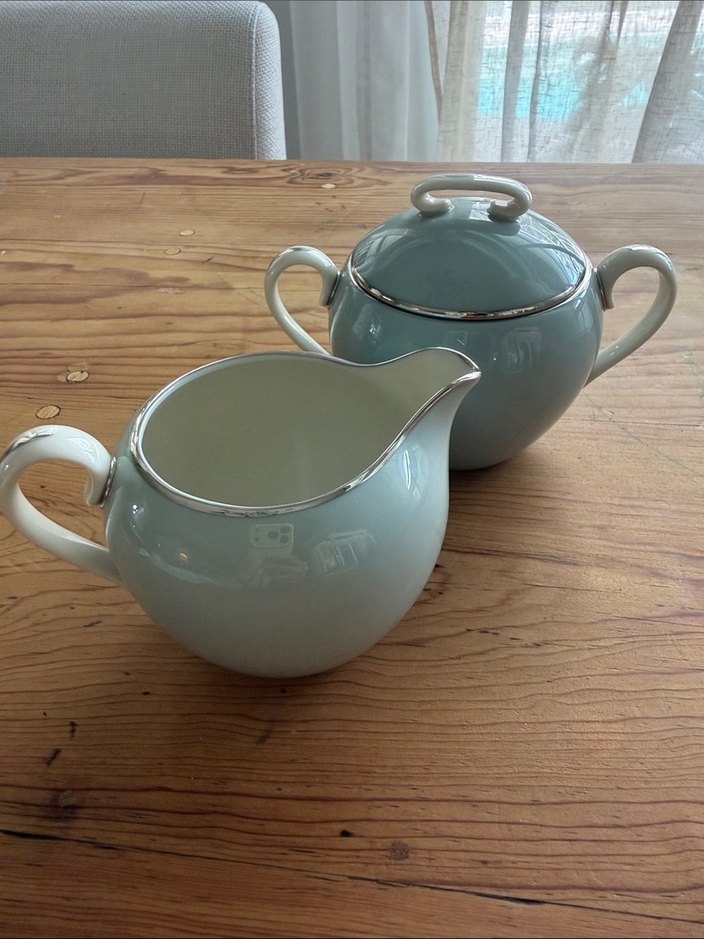 LENOX Ceramic Creamer and Sugar Set in Pale Aqua with Silver Trim